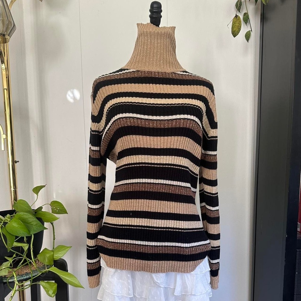 Basic Editions Vintage Turtleneck Sweater XL Tan Black Striped Gold Glitter 70s